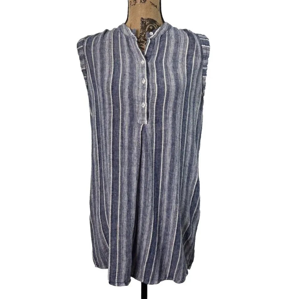 Cloth & Stone Women’s S Blue Stripe Button Up Sleeveless Linen Blend Shift Dress